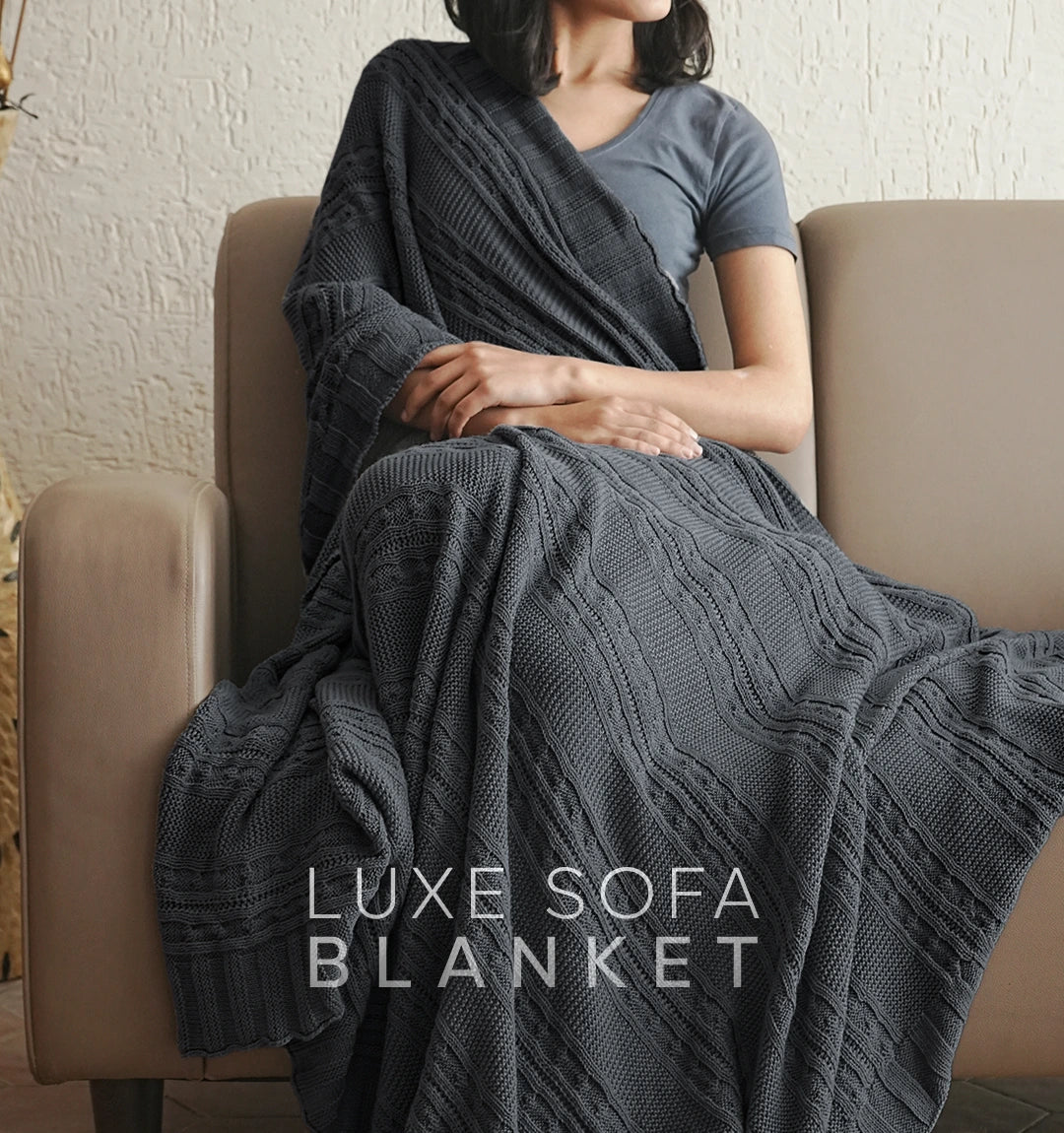 Paudha’s Exquisite Windsor Luxe All-Season, Breathable, 100% Cotton Knitted Sofa Throw - Frosted Granite