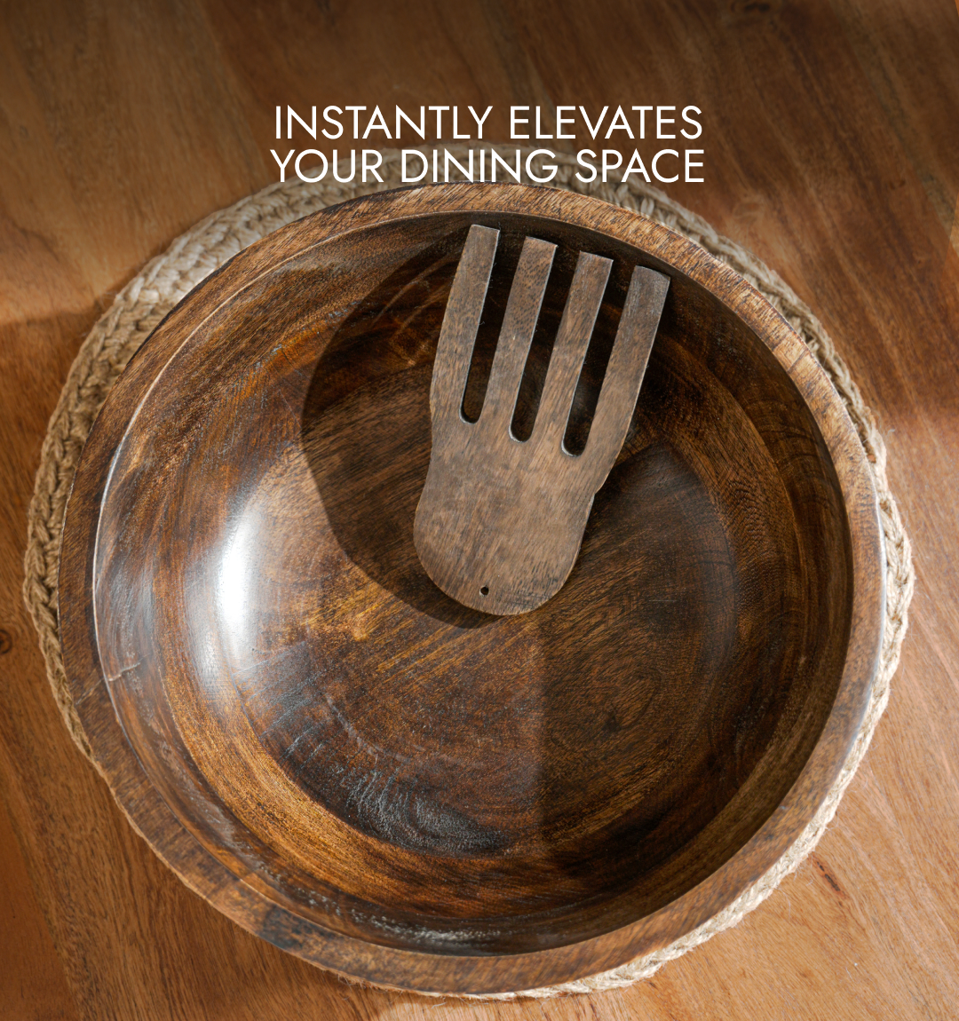 Verdant Striped Wooden Salad Bowl - With 2 Forks