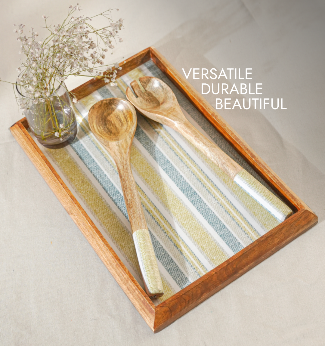 Artisan Striped Enameled Wooden Salad Spoon - Set of 2