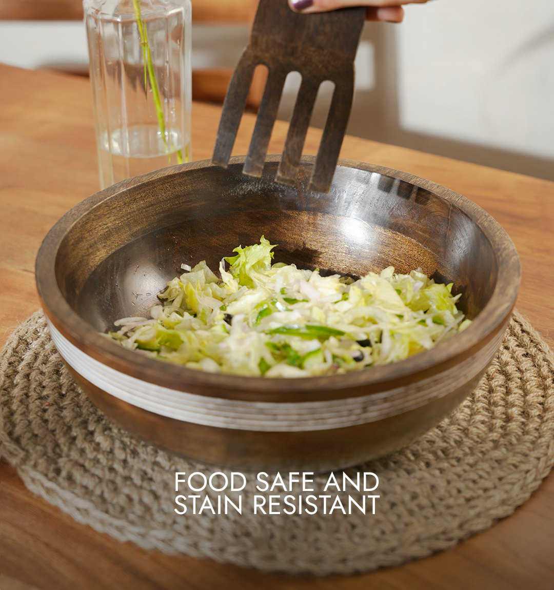 Verdant Striped Wooden Salad Bowl - With 2 Forks