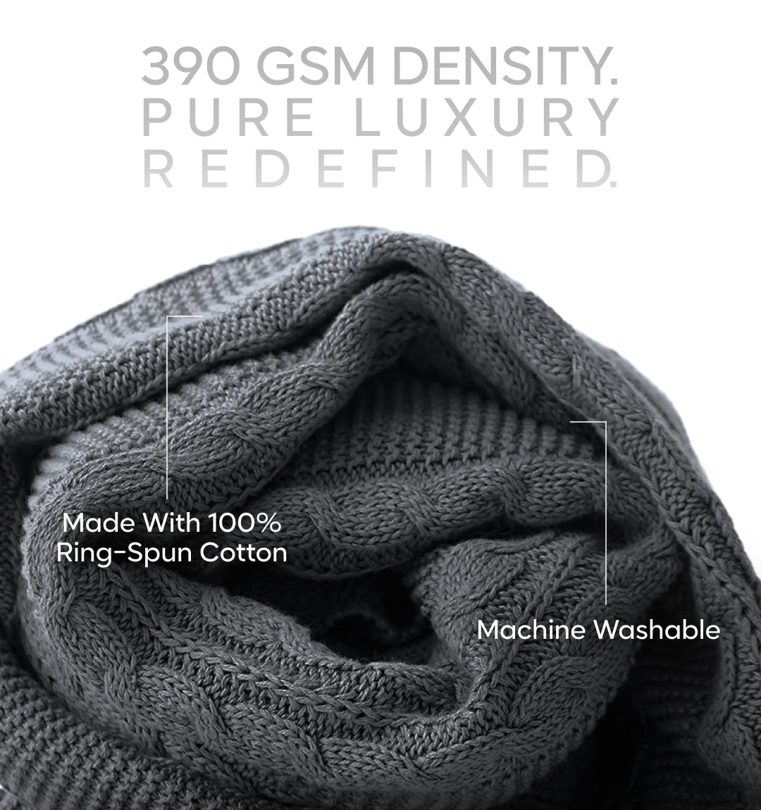 Paudha’s Exquisite Windsor Luxe All-Season, Breathable, 100% Cotton Knitted Sofa Throw - Frosted Granite