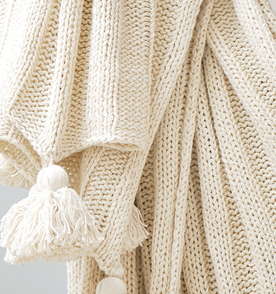 Paudha’s Exquisite All-Season Textured Threadwork High Low Cotton Breathable Knitted Sofa Throw - Seashell Ivory