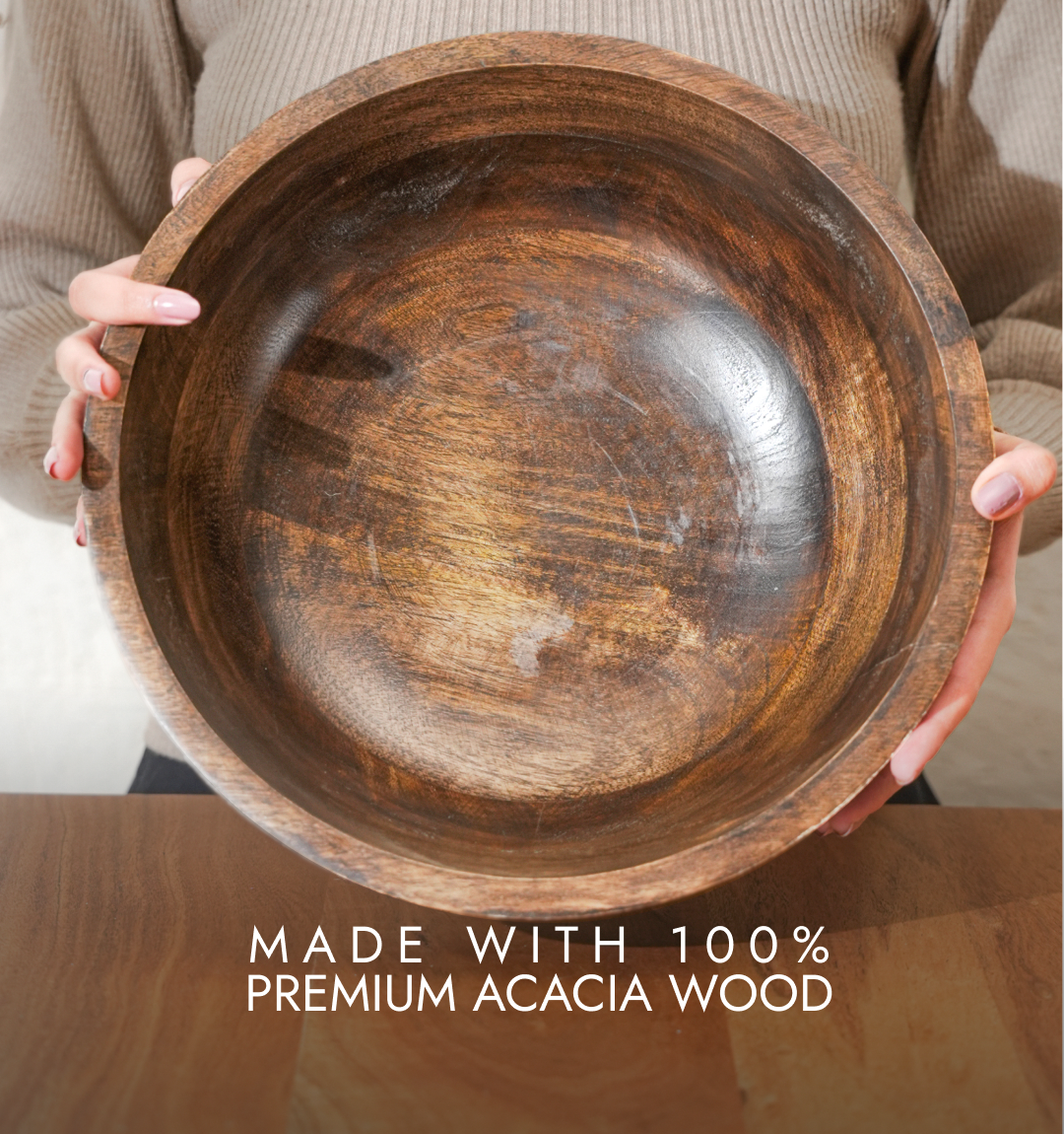 Verdant Striped Wooden Salad Bowl - With 2 Forks