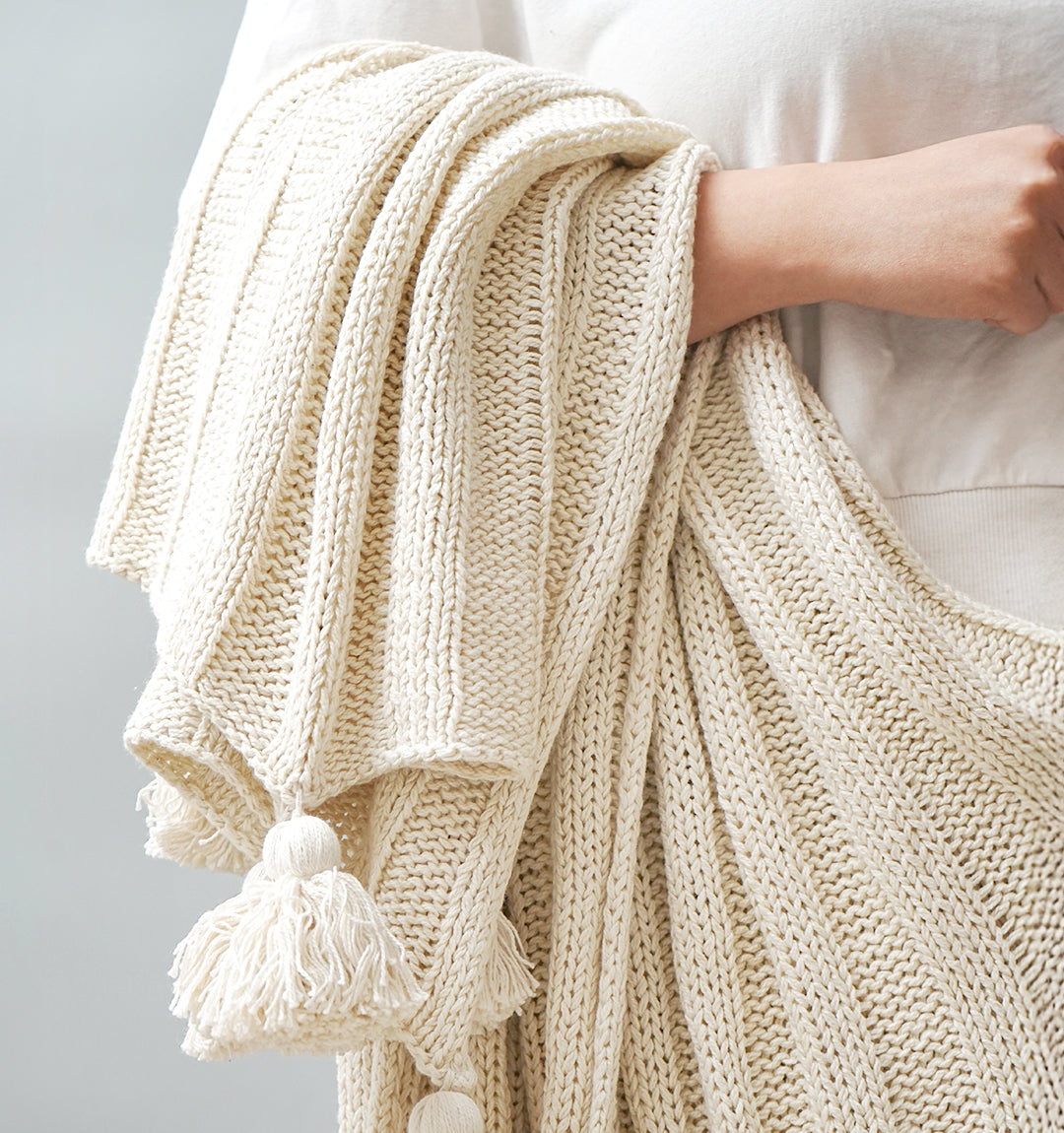 Paudha’s Exquisite All-Season Textured Threadwork High Low Cotton Breathable Knitted Sofa Throw - Seashell Ivory