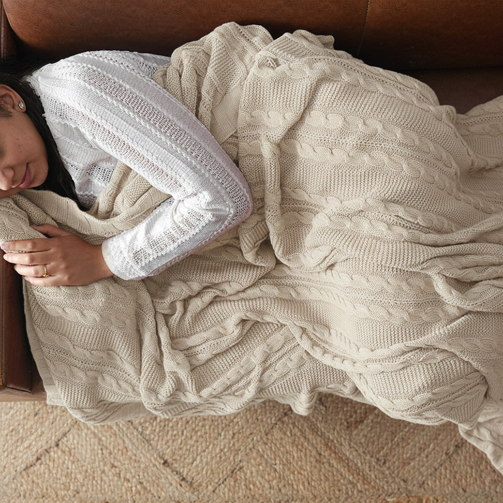 Paudha’s Exquisite Windsor Luxe All-Season Breathable 100% Cotton Knitted Sofa Throw - Nude Meadow