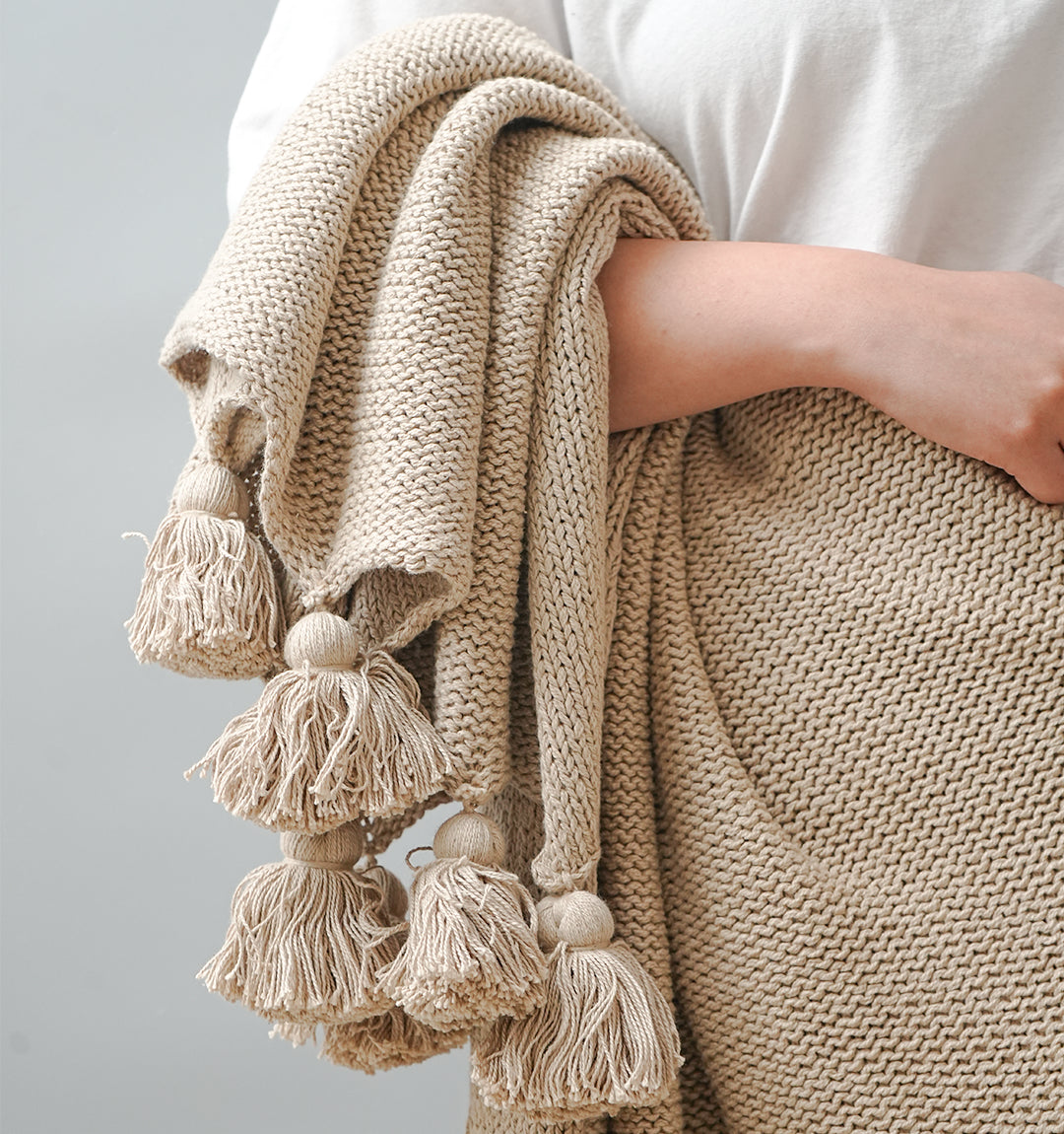 Paudha’s Exquisite All-Season Strip Breathable 100% Cotton Knitted Sofa Throw - Ivory Cloud