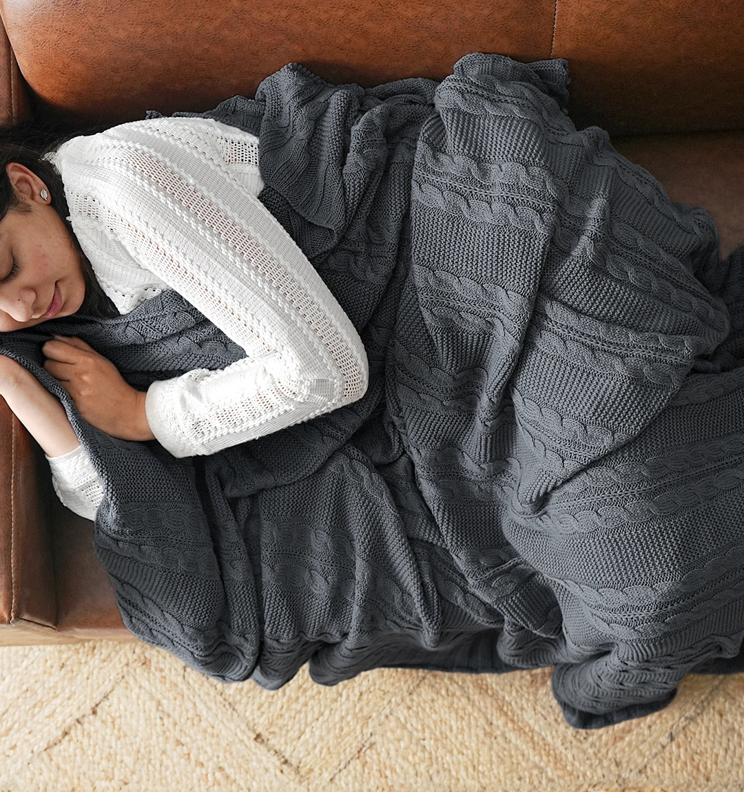 Paudha’s Exquisite Windsor Luxe All-Season, Breathable, 100% Cotton Knitted Sofa Throw - Frosted Granite