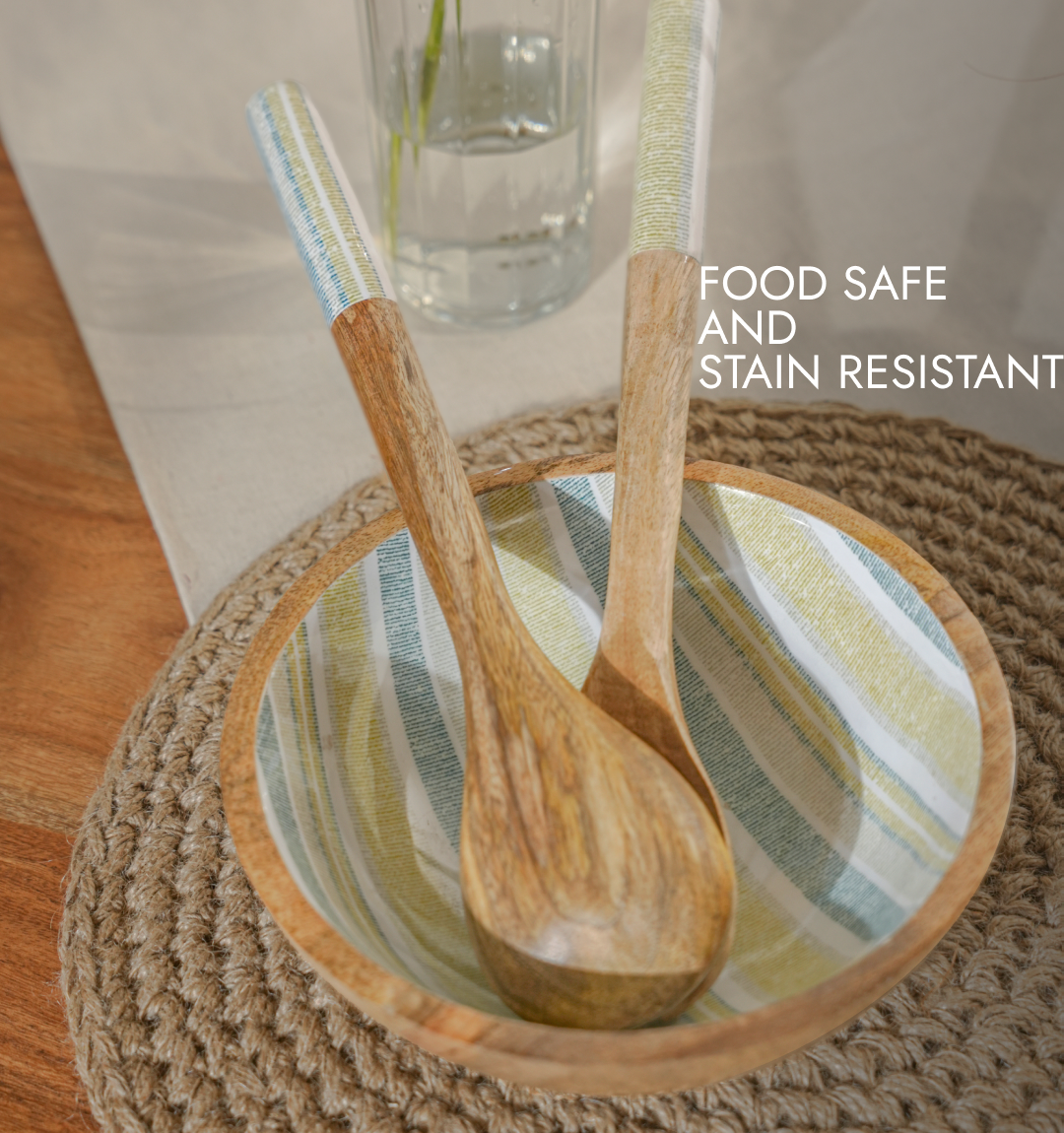 Artisan Striped Enameled Wooden Salad Spoon - Set of 2