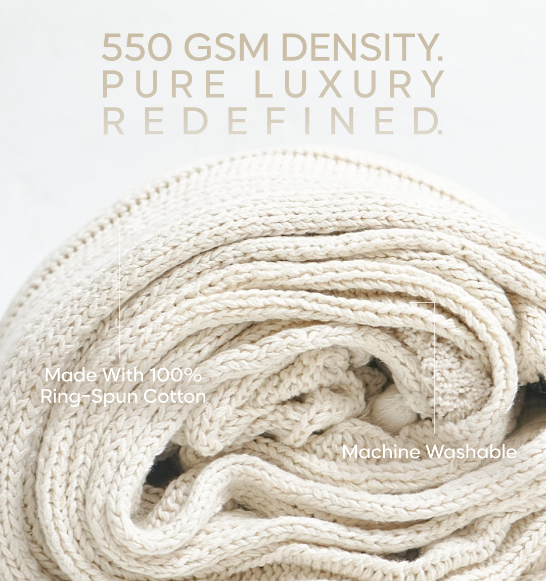 Paudha’s Exquisite All-Season Textured Threadwork High Low Cotton Breathable Knitted Sofa Throw - Seashell Ivory