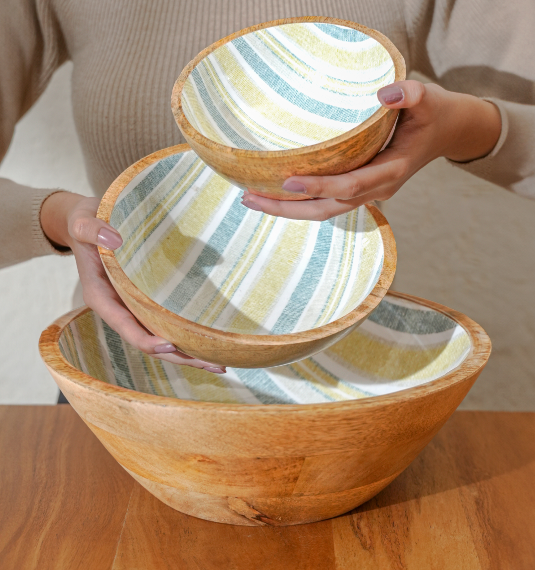 Artisan Striped Inlaid Wooden Bowl