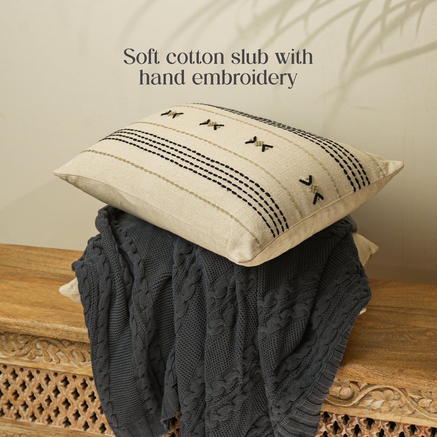 Paudha’s Handcrafted Embroidered Cotton Cushion Cover – Midnight Stitch
