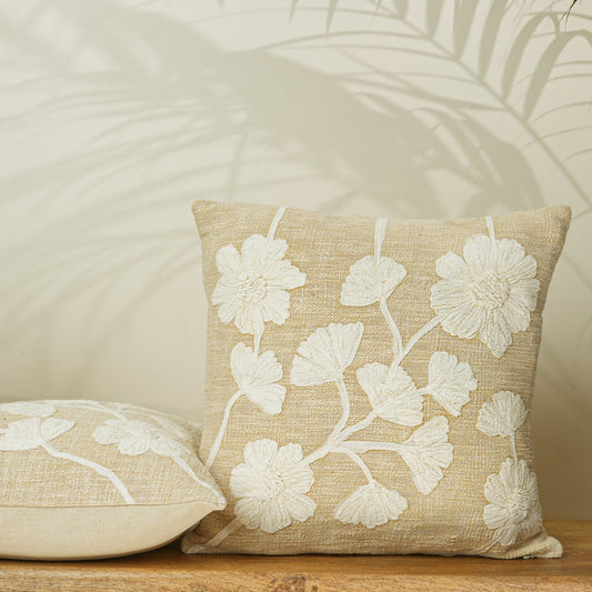 Paudha’s Handcrafted Appliqued Cotton Cushion Cover – Vanilla Fleur