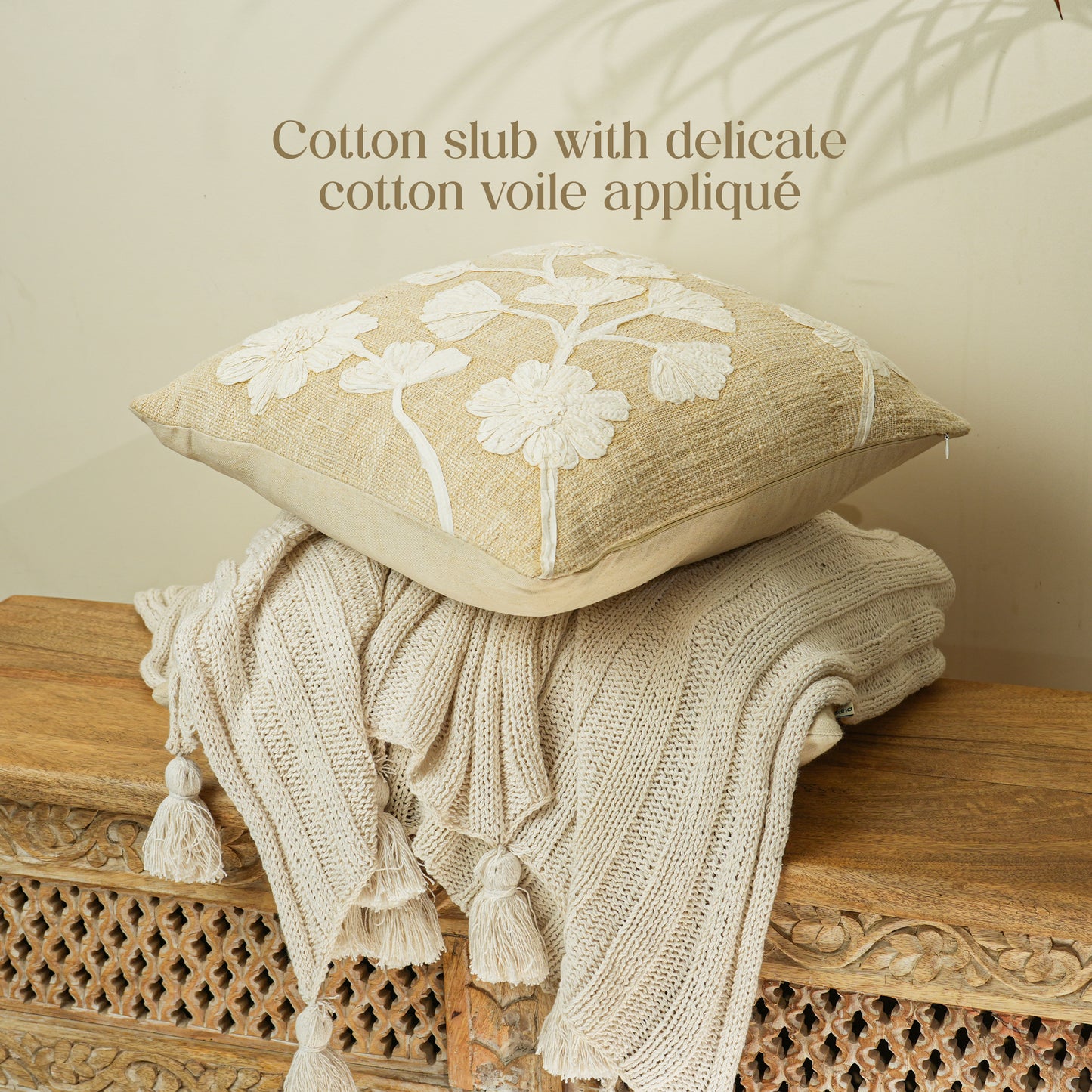 Paudha’s Handcrafted Appliqued Cotton Cushion Cover – Vanilla Fleur
