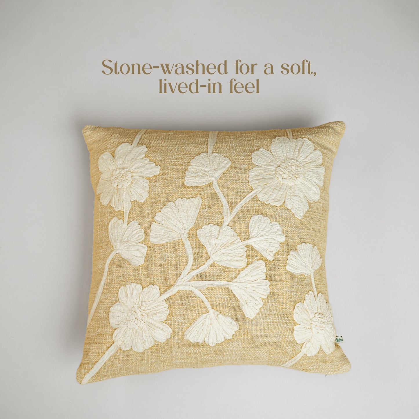 Paudha’s Handcrafted Appliqued Cotton Cushion Cover – Vanilla Fleur