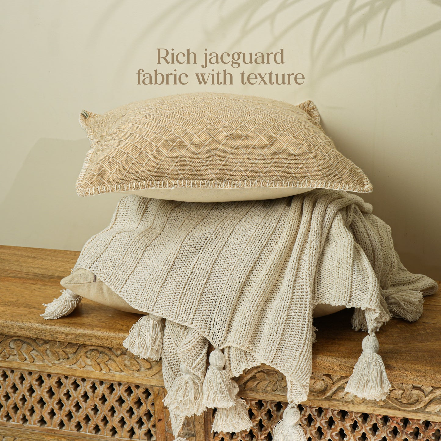 Paudha’s Handcrafted Jacquard Cotton Cushion Cover – Sunlit Ivory