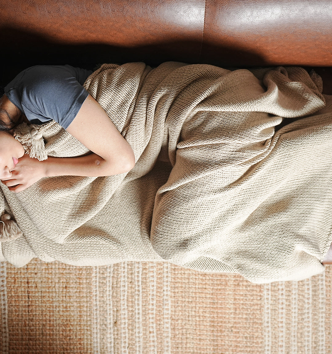 Paudha’s Exquisite All-Season Strip Breathable 100% Cotton Knitted Sofa Throw - Ivory Cloud