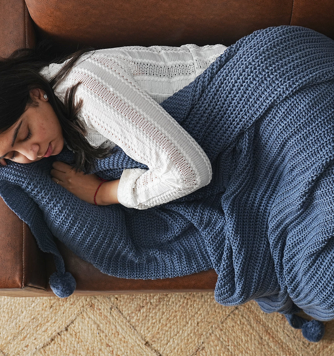 Paudha’s Exquisite All-Season Breathable 100% Cotton Knitted Sofa Throw – Twilight Slate