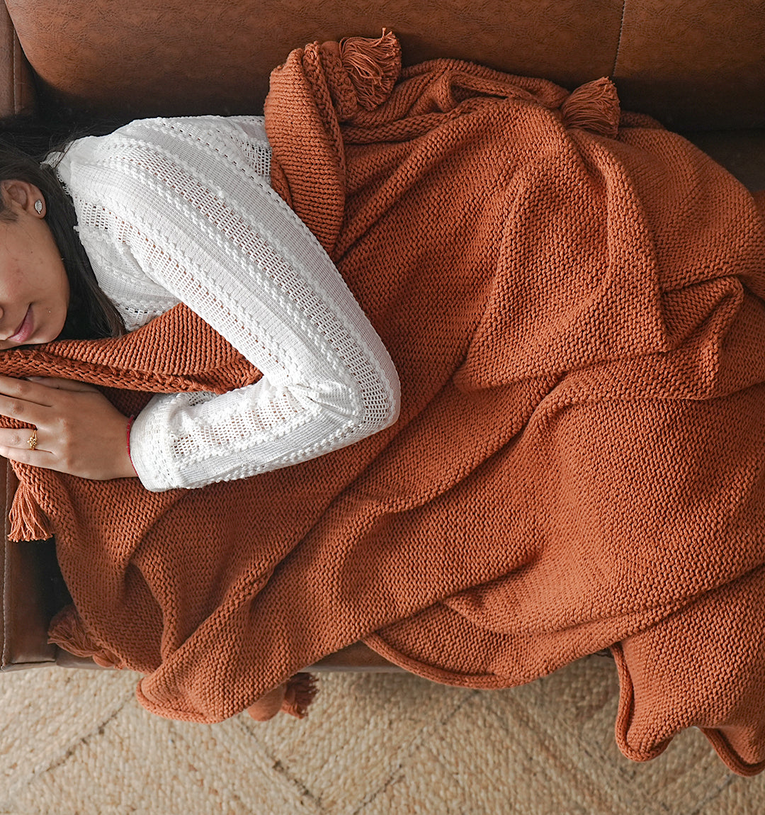 Paudha’s Exquisite All-Season Stripped Breathable 100% Cotton Knitted Sofa Throw - Cinnamon Blaze