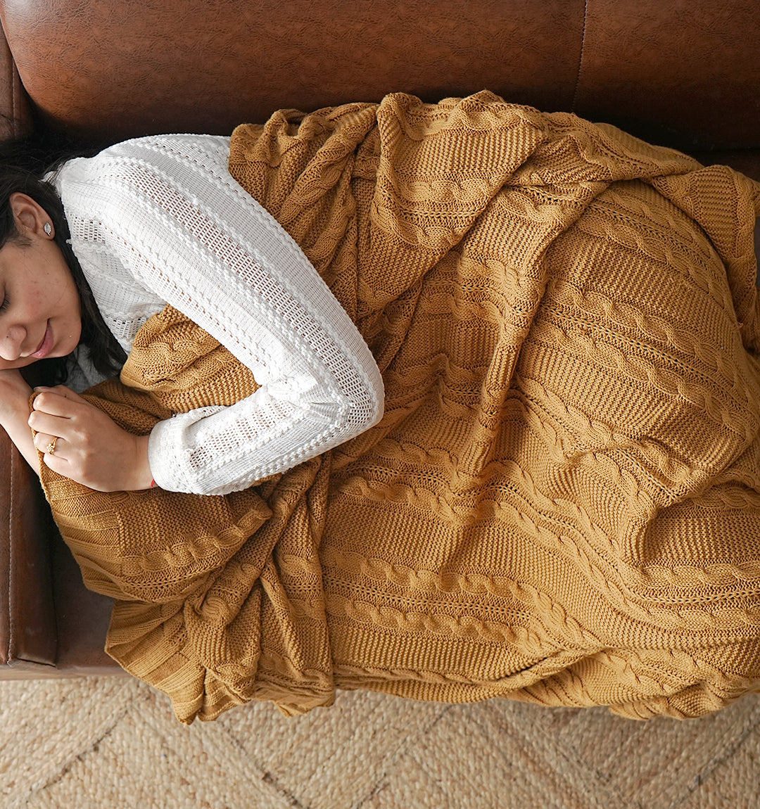 Paudha’s Exquisite Windsor Luxe All-Season, Breathable, 100% Cotton Knitted Sofa Throw - Desert Sun