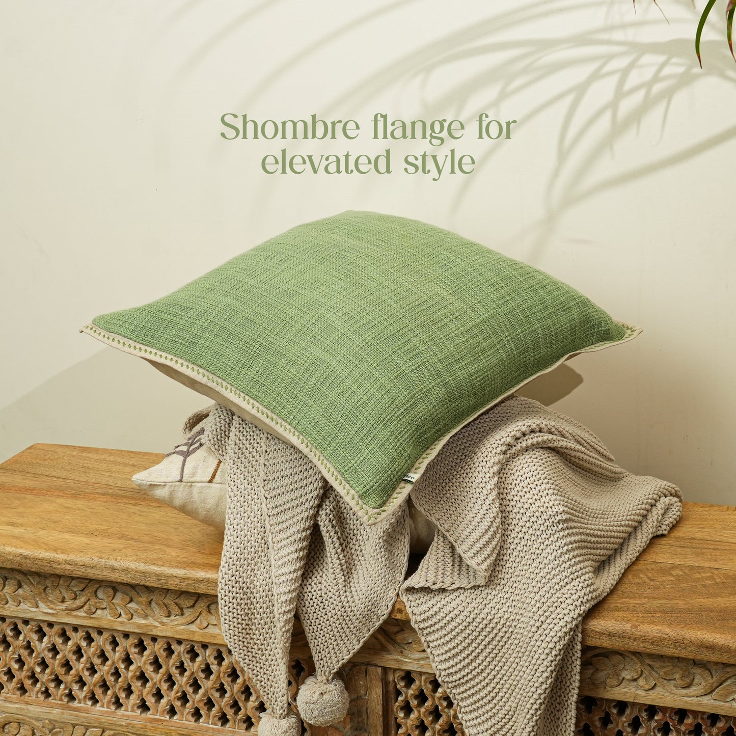 Paudha’s Handcrafted Embroidered Slub Cotton Cushion Cover – Eucalyptus Soft