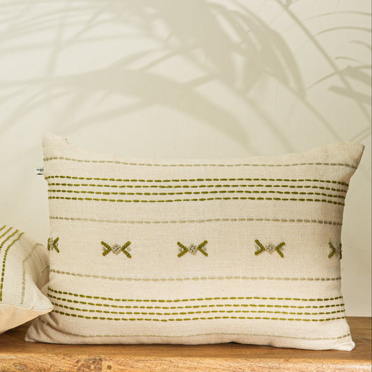 Paudha’s Handcrafted Embroidered Cotton Cushion Cover – Fern Stitch