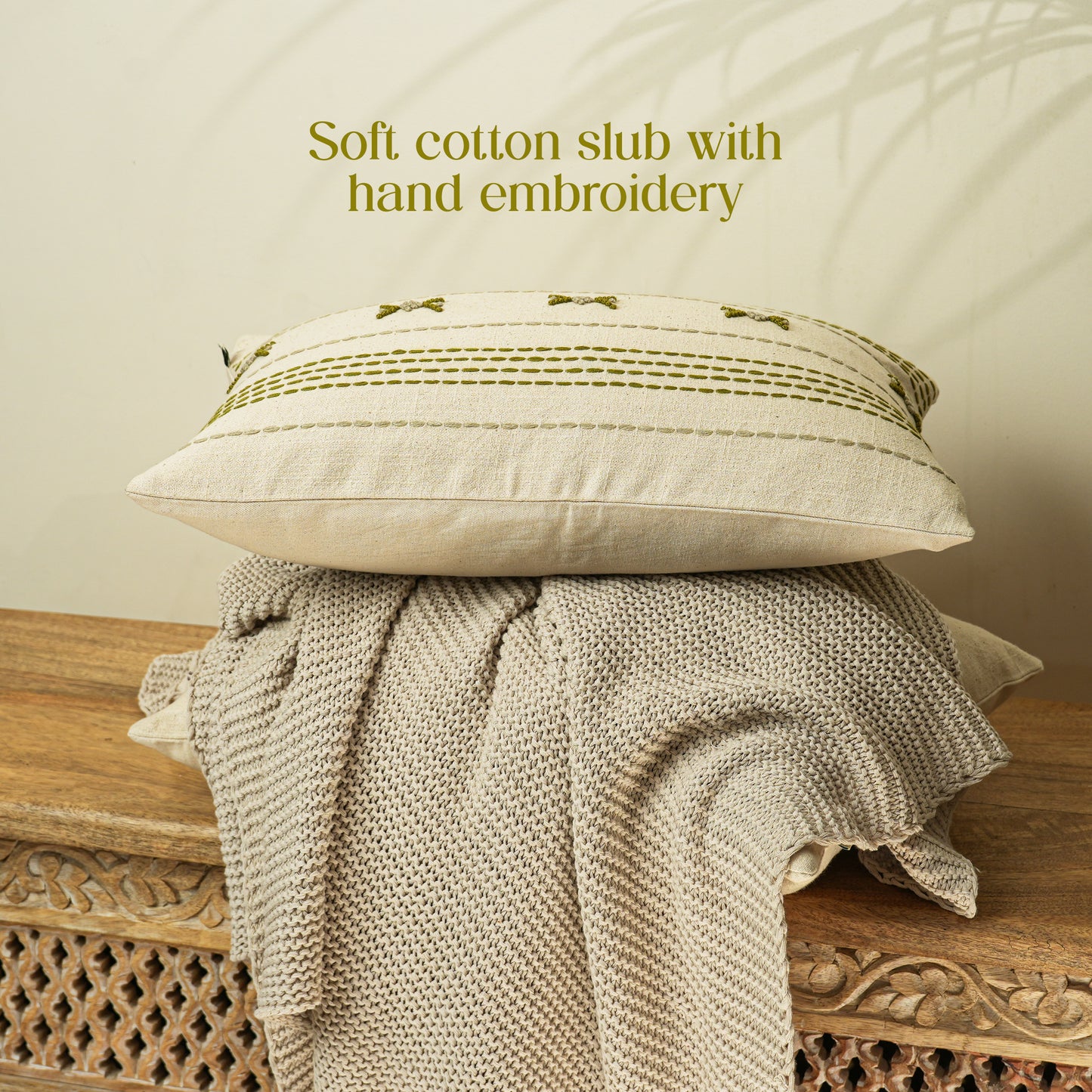 Paudha’s Handcrafted Embroidered Cotton Cushion Cover – Fern Stitch