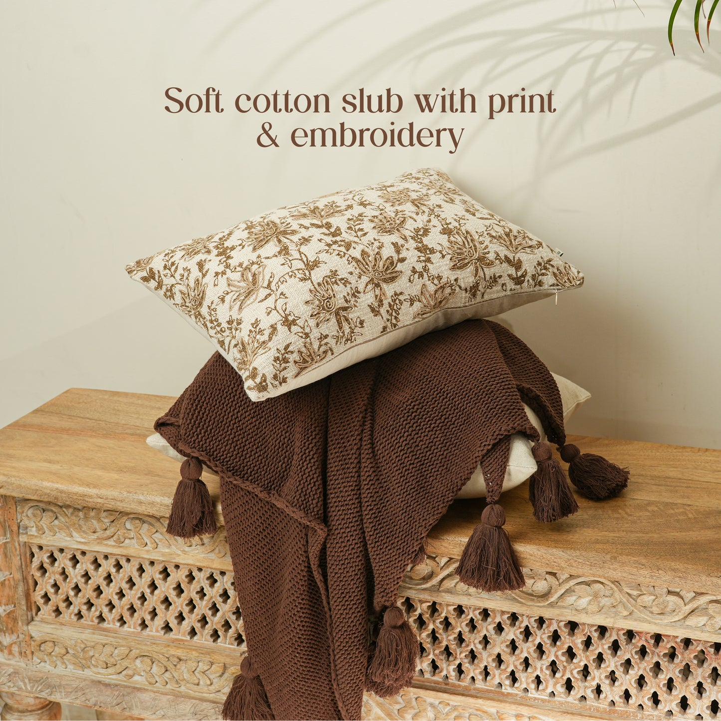 Paudha’s Handcrafted Embroidered Cotton Rectangular Cushion Cover – Bronze Vine