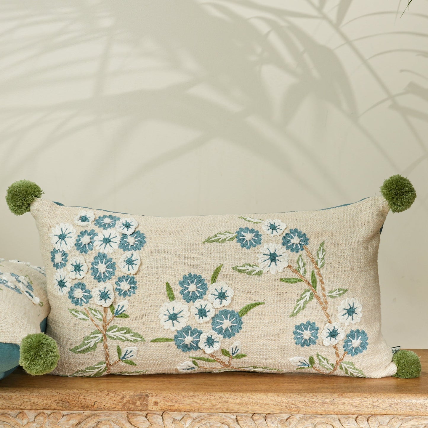 Paudha’s Handcrafted Embroidered Cotton Rectangular Cushion Cover – Pompom Pastures