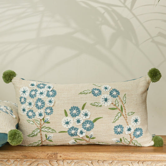 Paudha’s Handcrafted Embroidered Cotton Rectangular Cushion Cover – Pompom Pastures