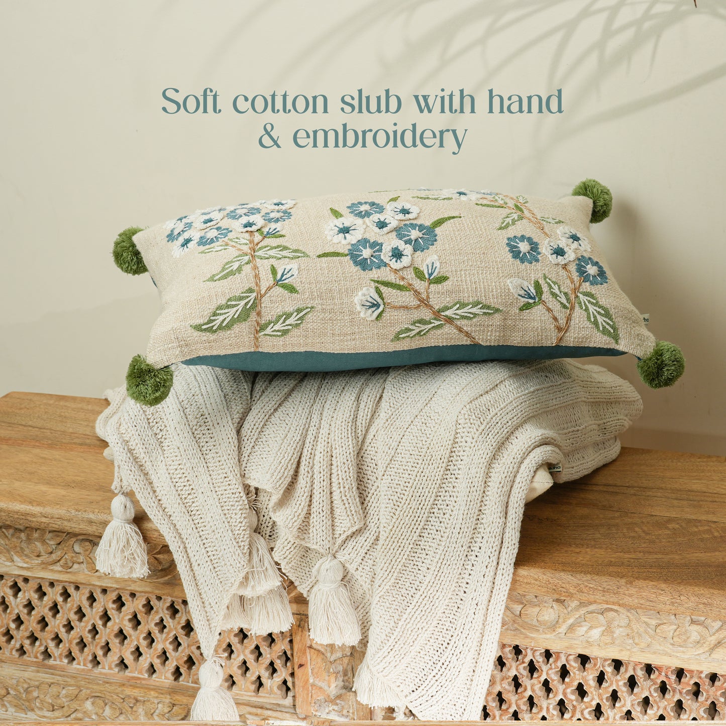 Paudha’s Handcrafted Embroidered Cotton Rectangular Cushion Cover – Pompom Pastures
