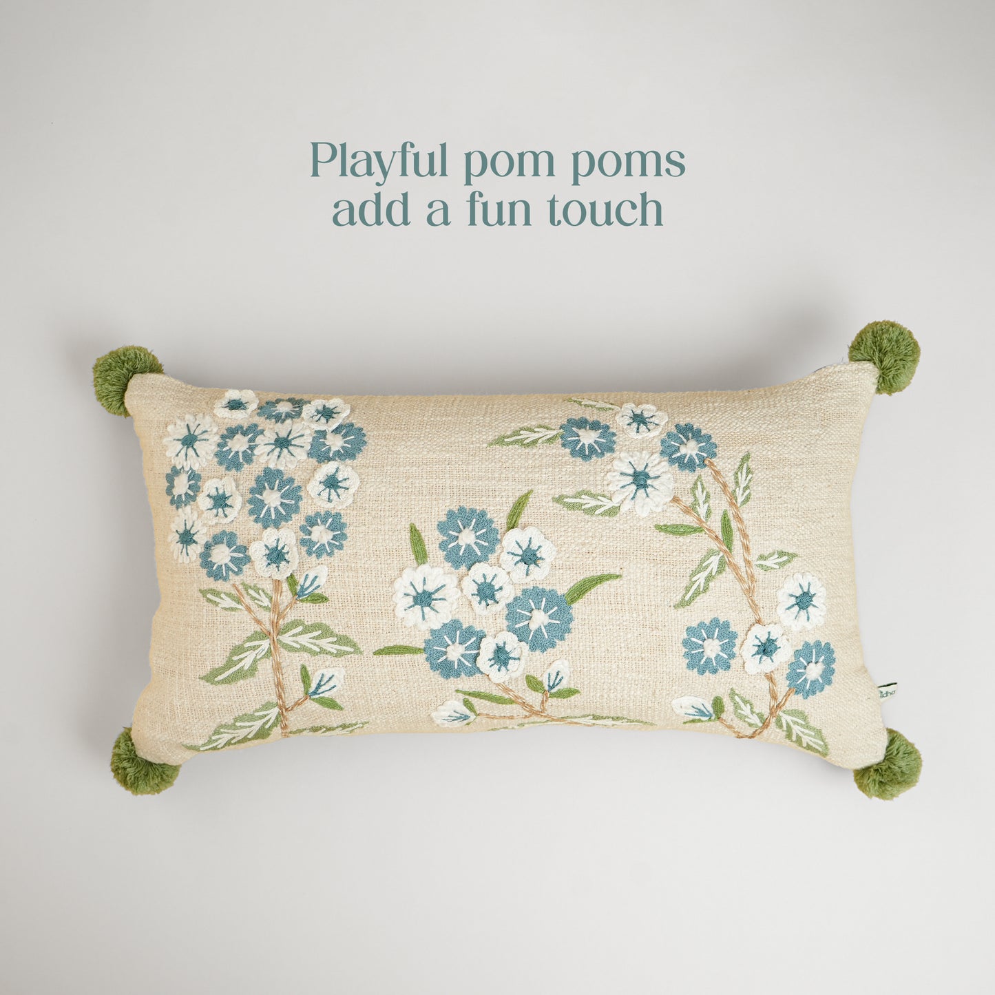 Paudha’s Handcrafted Embroidered Cotton Rectangular Cushion Cover – Pompom Pastures