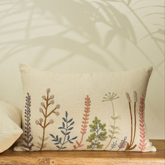 Paudha’s Handcrafted Embroidered Cotton Rectangular Cushion Cover – Ivory Twig