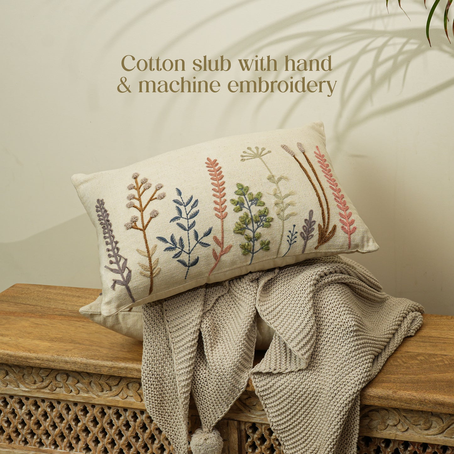 Paudha’s Handcrafted Embroidered Cotton Rectangular Cushion Cover – Ivory Twig