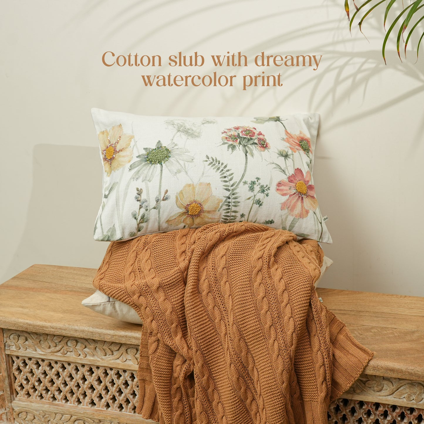 Paudha’s Handcrafted Embroidered Cotton Rectangular Cushion Cover – Painted Fern