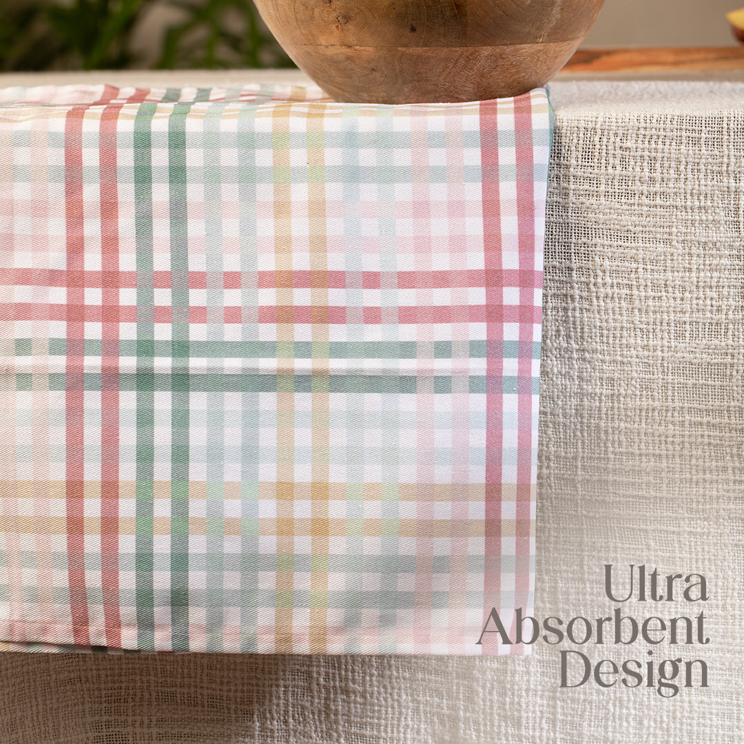 Paudha’s Signature Cotton Kitchen Towel Set with Plaid – Pink Sprout - Set of 2