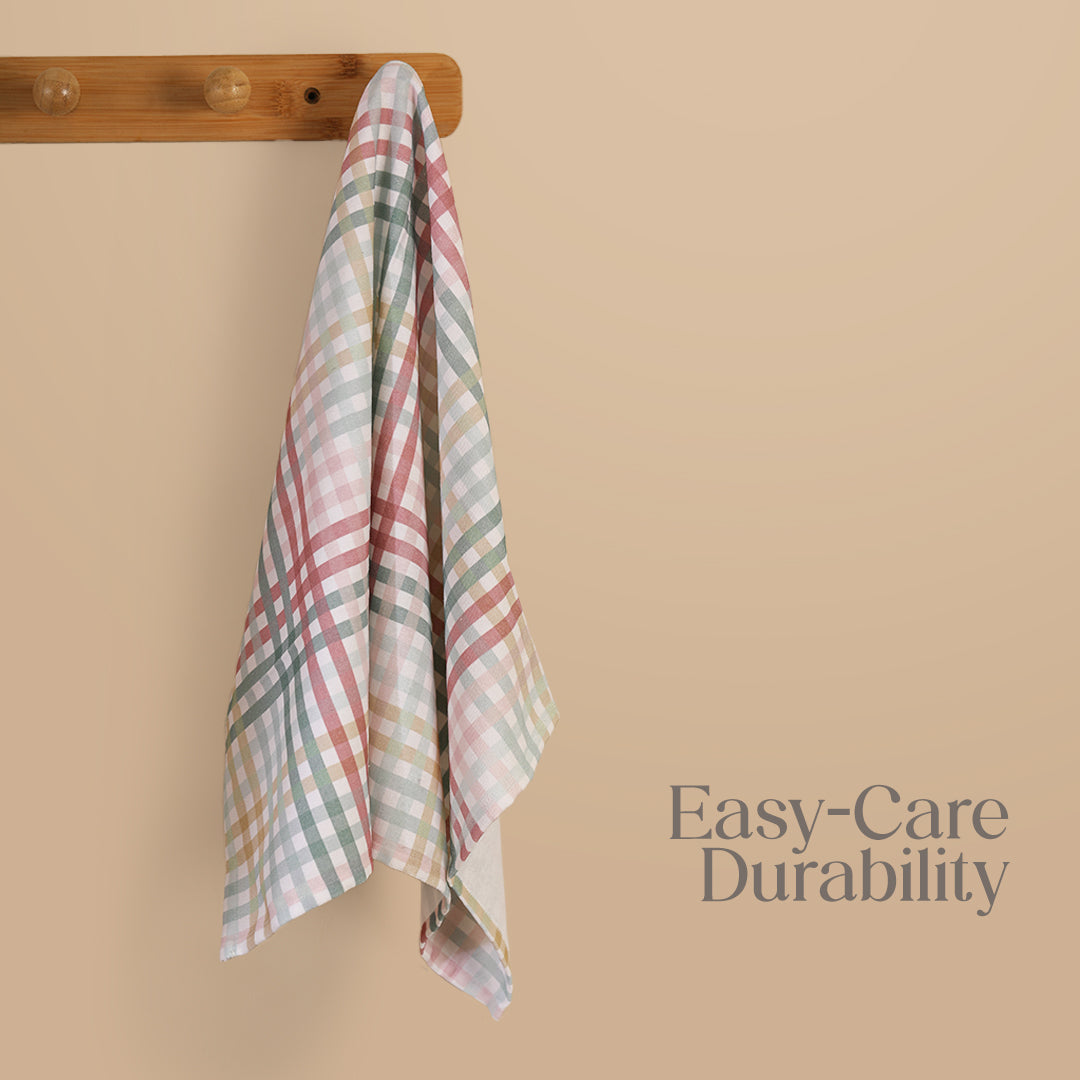 Paudha’s Signature Cotton Kitchen Towel Set with Plaid – Pink Sprout - Set of 2