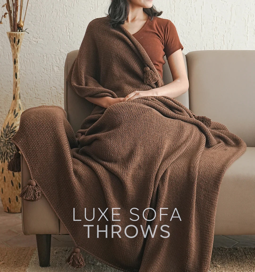 Paudha’s Exquisite All-Season Stripped Breathable 100% Cotton Knitted Sofa Throw - Deep Chestnut
