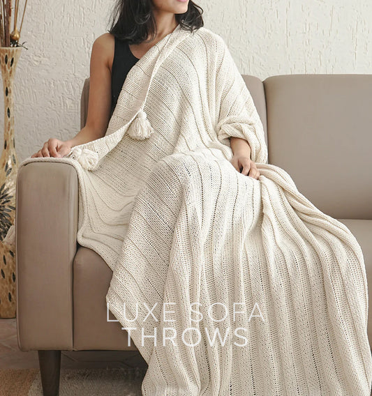 Paudha’s Exquisite All-Season Textured Threadwork High Low Cotton Breathable Knitted Sofa Throw - Seashell Ivory