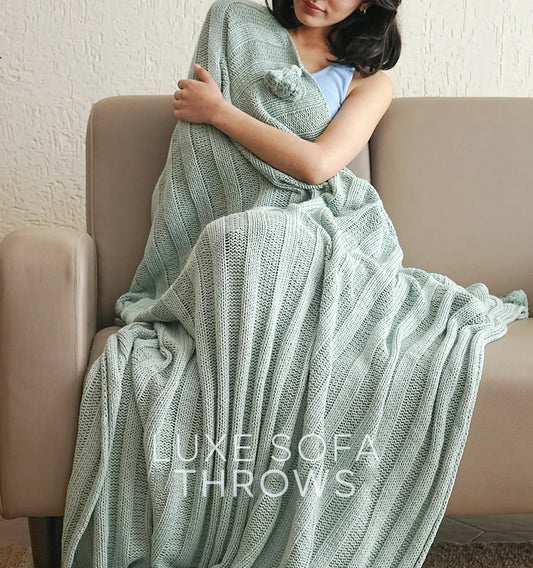 Paudha’s Exquisite All-Season Textured Threadwork High Low Cotton Breathable Knitted Sofa Throw - Glacial Blue