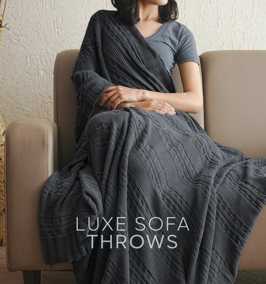 Paudha’s Exquisite Windsor Luxe All-Season, Breathable, 100% Cotton Knitted Sofa Throw - Frosted Granite