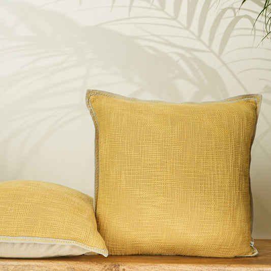 Paudha’s Handcrafted Embroidered Slub Cotton Rectangular Cushion Cover – Marigold Whisper
