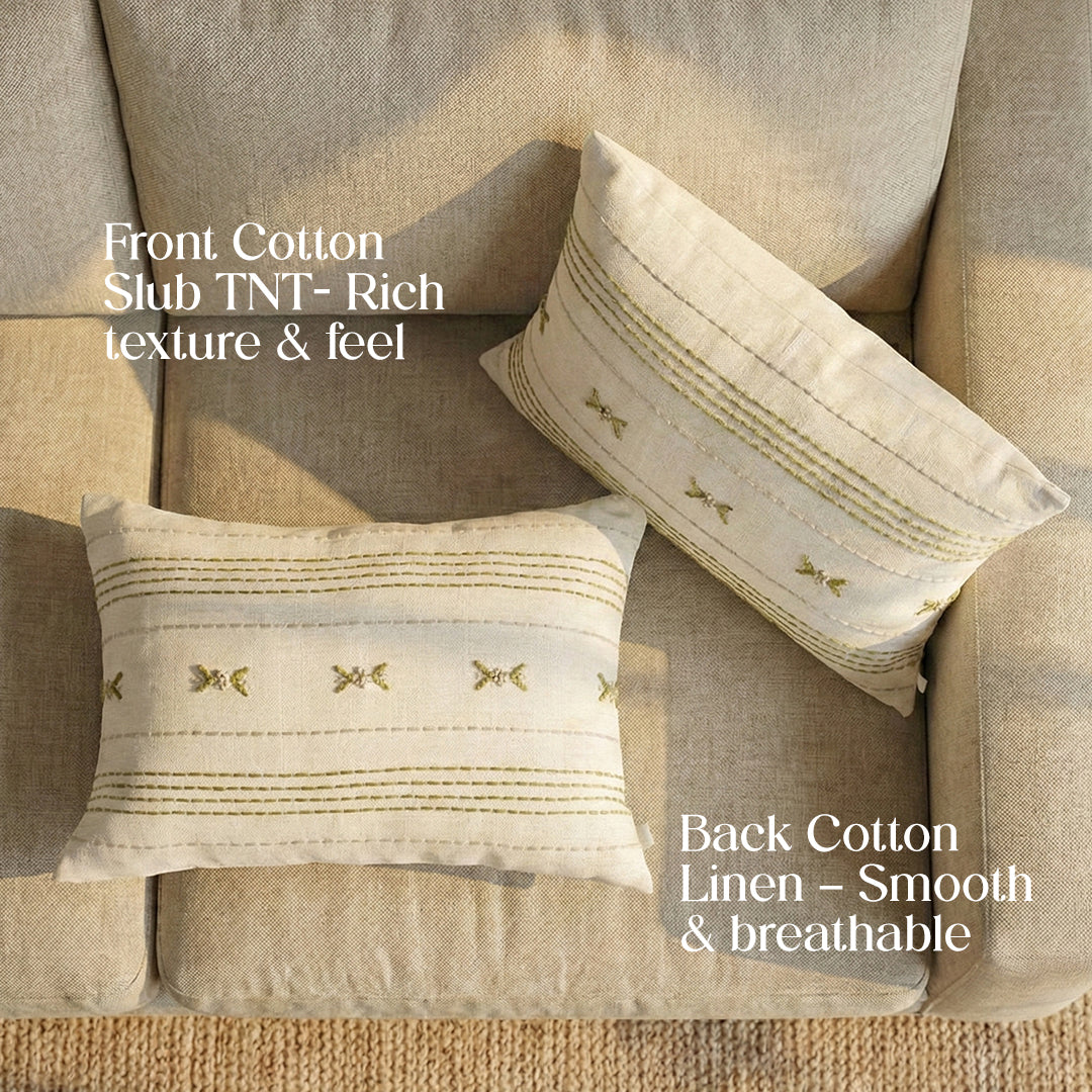 Paudha’s Handcrafted Embroidered Cotton Cushion Cover – Fern Stitch