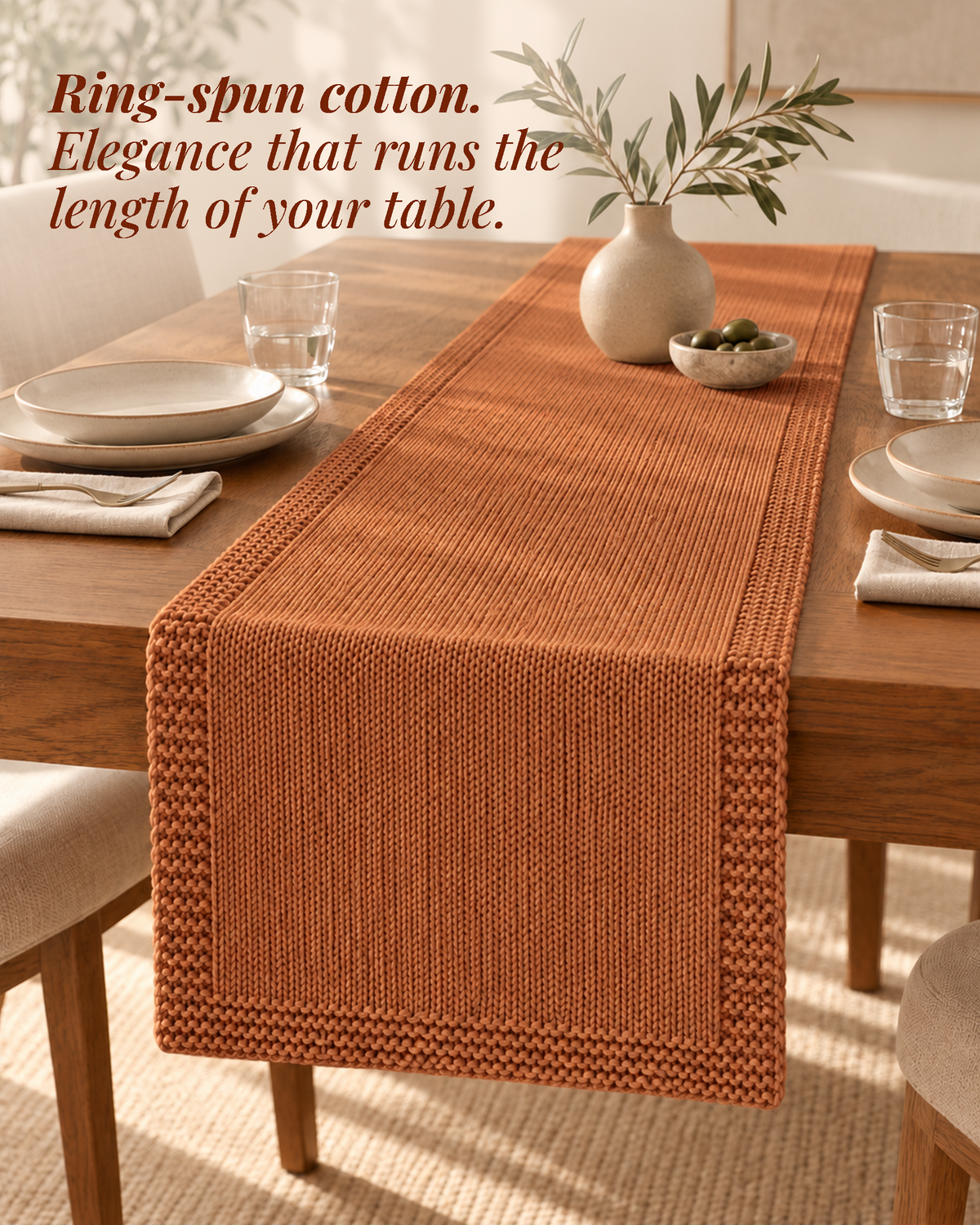 Paudha’s Exquisite Imperial Border Heavy - Knit 100% Ring-Spun Cotton Table Runner - Canyon Clay