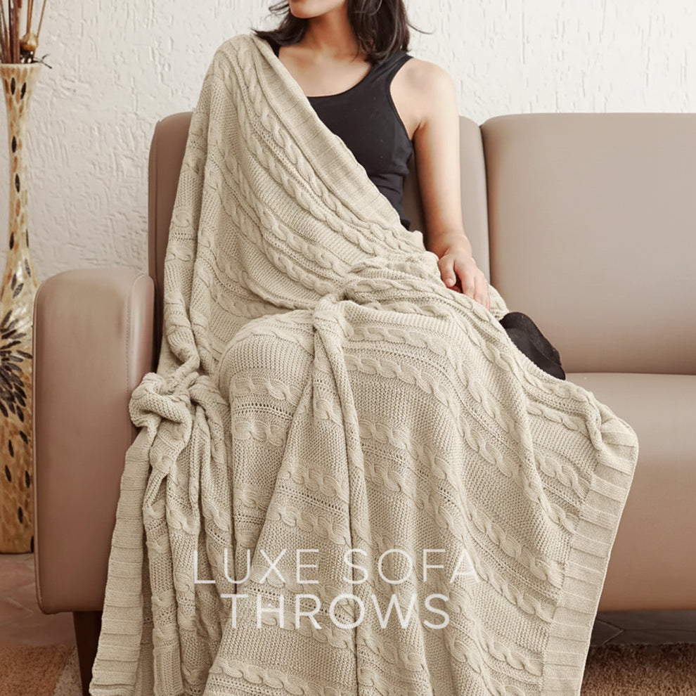 Paudha’s Exquisite Windsor Luxe All-Season Breathable 100% Cotton Knitted Sofa Throw - Nude Meadow