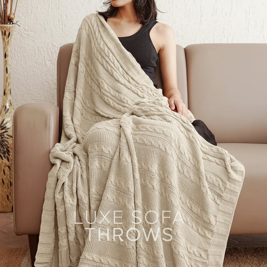 Paudha’s Exquisite Windsor Luxe All-Season Breathable 100% Cotton Knitted Sofa Throw - Nude Meadow