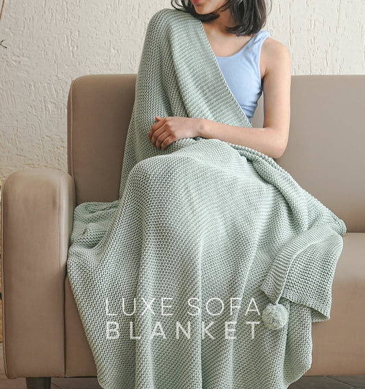 Wavy Cotton Knit Sofa Blanket - Arctic Blue