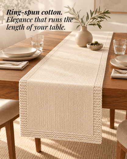 Paudha’s Exquisite Imperial Border Heavy - Knit 100% Ring-Spun Cotton Table Runner - Vanilla Stone