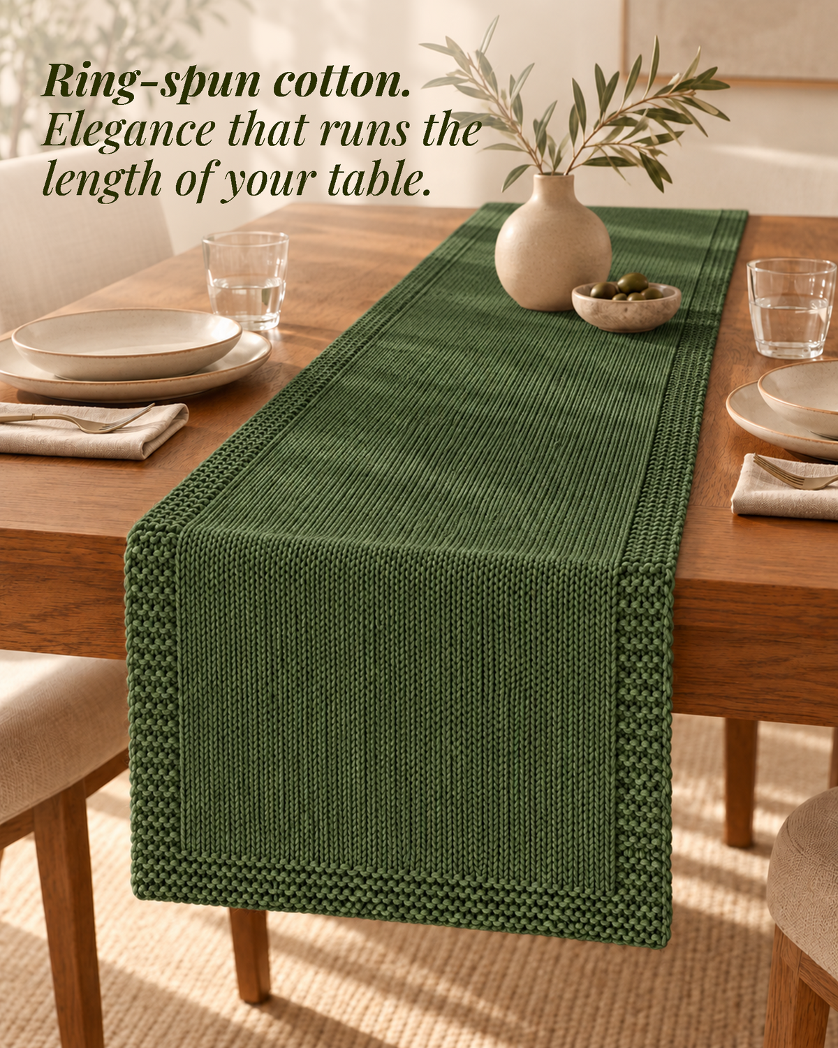 Paudha’s Exquisite Imperial Border Heavy - Knit 100% Ring-Spun Cotton Table Runner - Sage Forest
