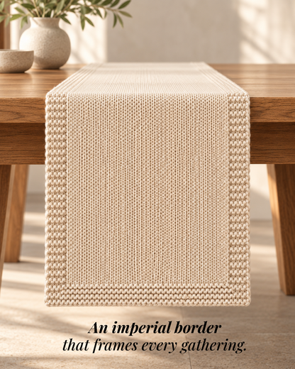 Paudha’s Exquisite Imperial Border Heavy - Knit 100% Ring-Spun Cotton Table Runner - Vanilla Stone