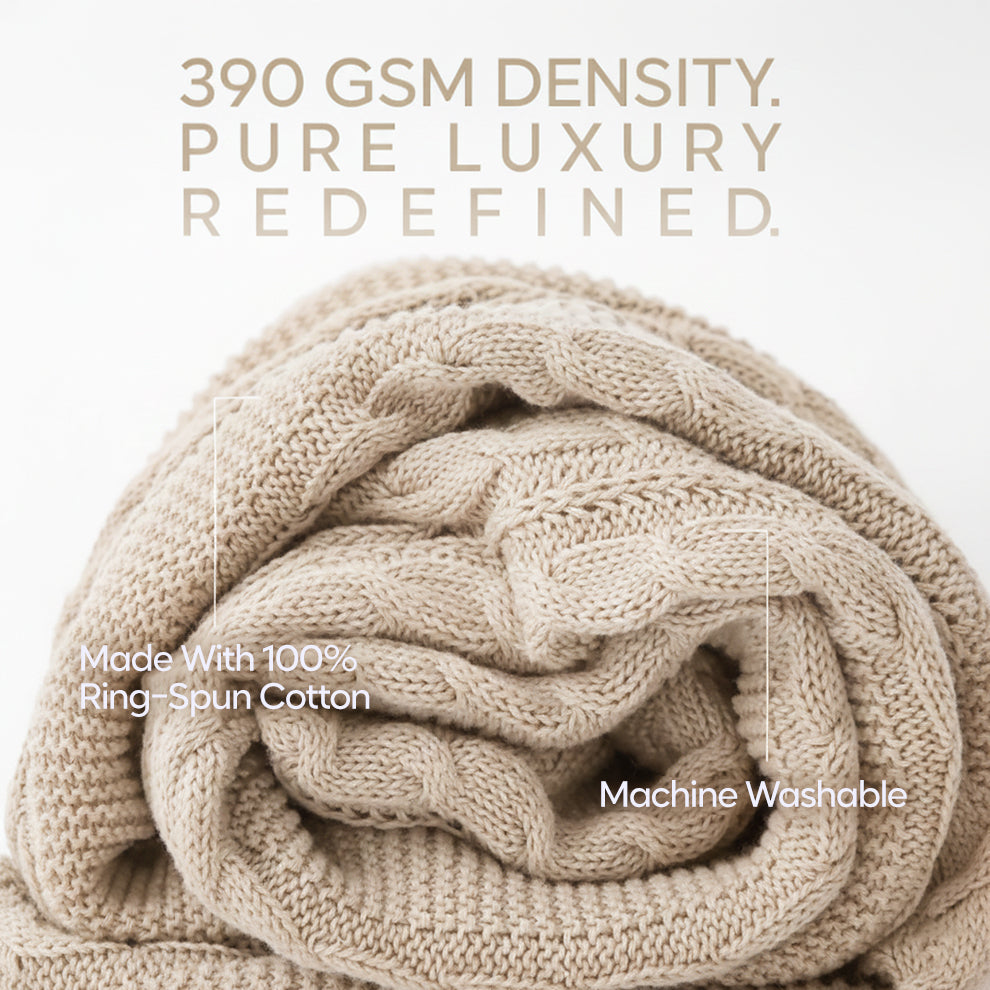 Paudha’s Exquisite Windsor Luxe All-Season Breathable 100% Cotton Knitted Sofa Throw - Nude Meadow